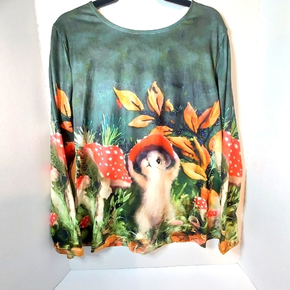 Whimsical Forest Scene Long Sleeve Top with Cute Mouse and Mushrooms - Picture 1 of 9
